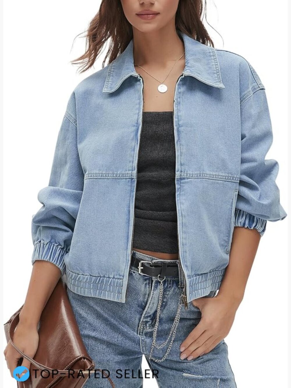 Denim Bomber Jacket Loose Fit Zip Up Classic Lightweight Long Sleeve Women